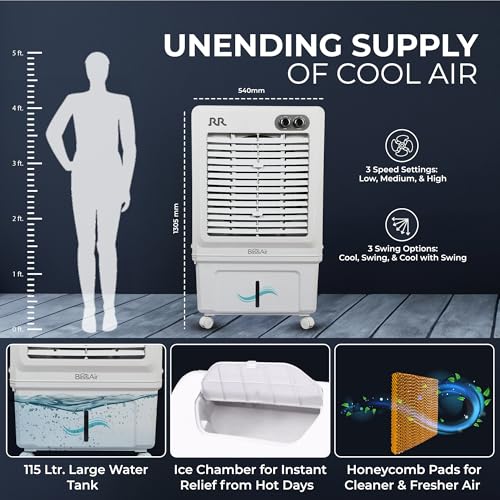 Image of RR BLISSAIR AIR COOLER 115 Ltr|Desert Air Cooler with High Air Delivery | Honeycomb Pads | 4-Way Air Deflection | Vertical Auto Swing | Castor Wheels | Inverter Compatibility |1 Year Warranty by RR