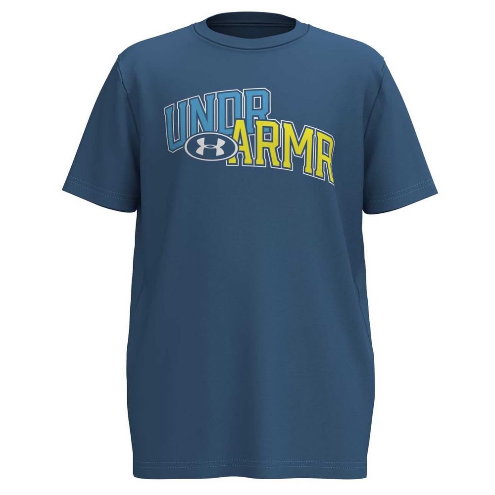 UA OVERLAY WM SS Erkek Çocuk T-Shirt Blue Atlantis / / High Vis Yellow YXS