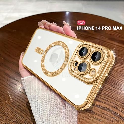 Image of AESTMO Back Cover for iPhone 14 Pro Max Compatible with MagSafe | Diamond Glitter Case | Luxury Bling Rhinestone Soft Clear TPU Bumper | Camera Lens Protection Cover for iPhone 14 Pro Max (Gold)