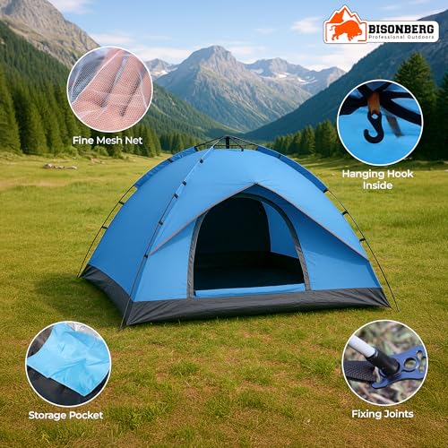 Image of Bisonberg Quick Pop-up Camping Tent, 4 Person, Green, Glass Fiber Poles, Waterproof with PU Coating, Portable and Foldable