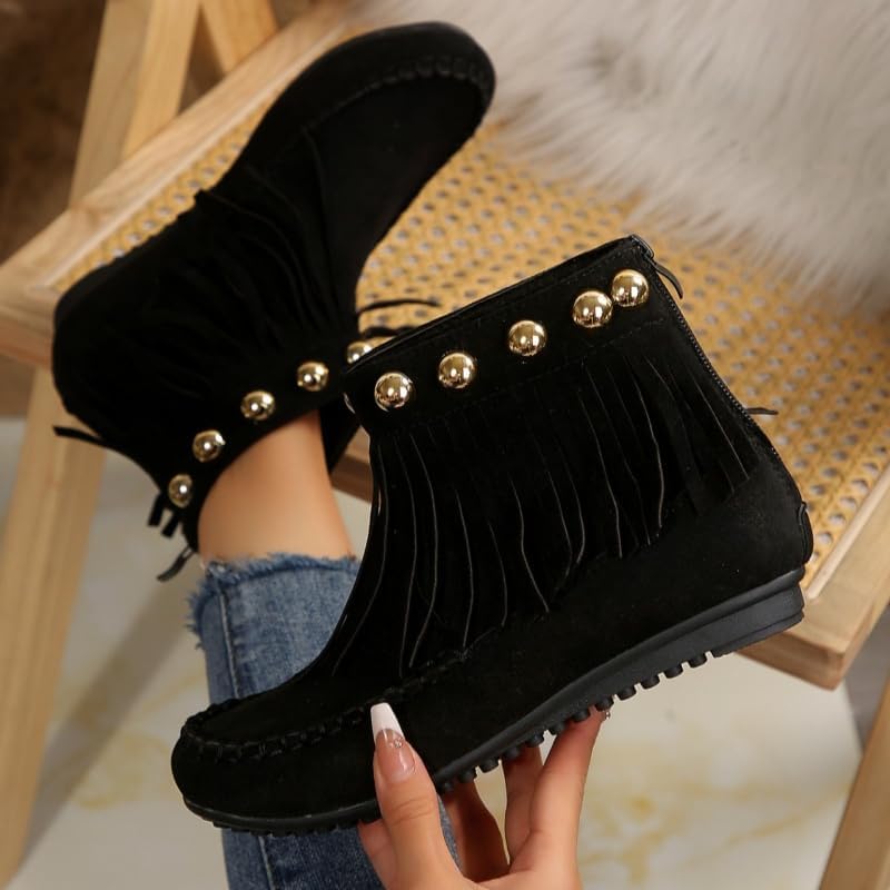 Women's Ankle Boot - Western Fringe Cowboy Low Heel Bootie Women Suede Casual Boots with Metal Beads