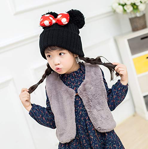 Toddler Girls Winter Beanie Hats With Pom Poms Warm Knit Baby Cap With Cute Mouse Ears Bowknot Black #TOP5