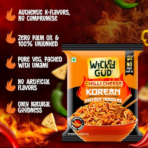 Image of Wickedgud Chilli Cheese Korean Instant Noodles, Single Pack 74g | Whole Wheat | No Maida | No Pam Oil