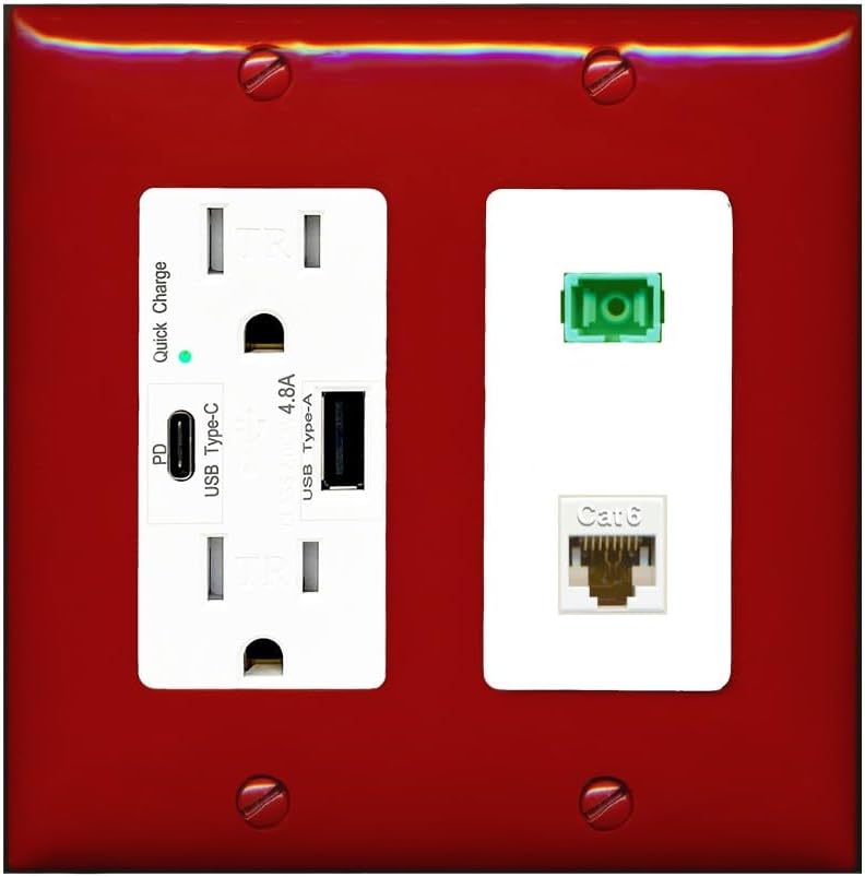 RiteAV 1 Port Fiber Optic Jack SC Simplex APC + Cat6 Wall Plate - USB A+C Charger Outlet [Red/White]