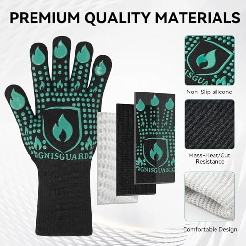 Image of BBQ & Grill Gloves, Oven Gloves, 1472F Silicone Oven Mitts Heat Resistant Grilling Gloves Fireproof Non-Slip for Barbecue Cooking Baking Smoking, 1-Pair (Green, Large)