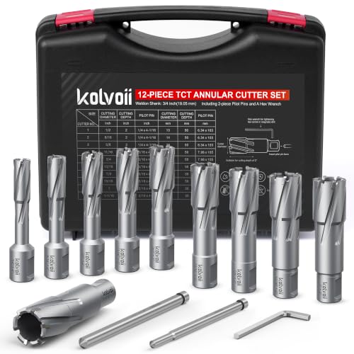 Kolvoii 12pc TCT Annular Cutter Set, Diameter 1/2" to 1-1/16", 2" Depth