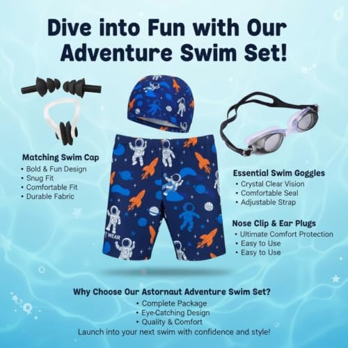 Image of Kids 6-in-1 Water Activity Kit with Trunks, Silicone Cap, Anti-Fog Goggles, Swim Tube, Nose Clip & Earplugs -Swim Set for Boys Pool, Beach
