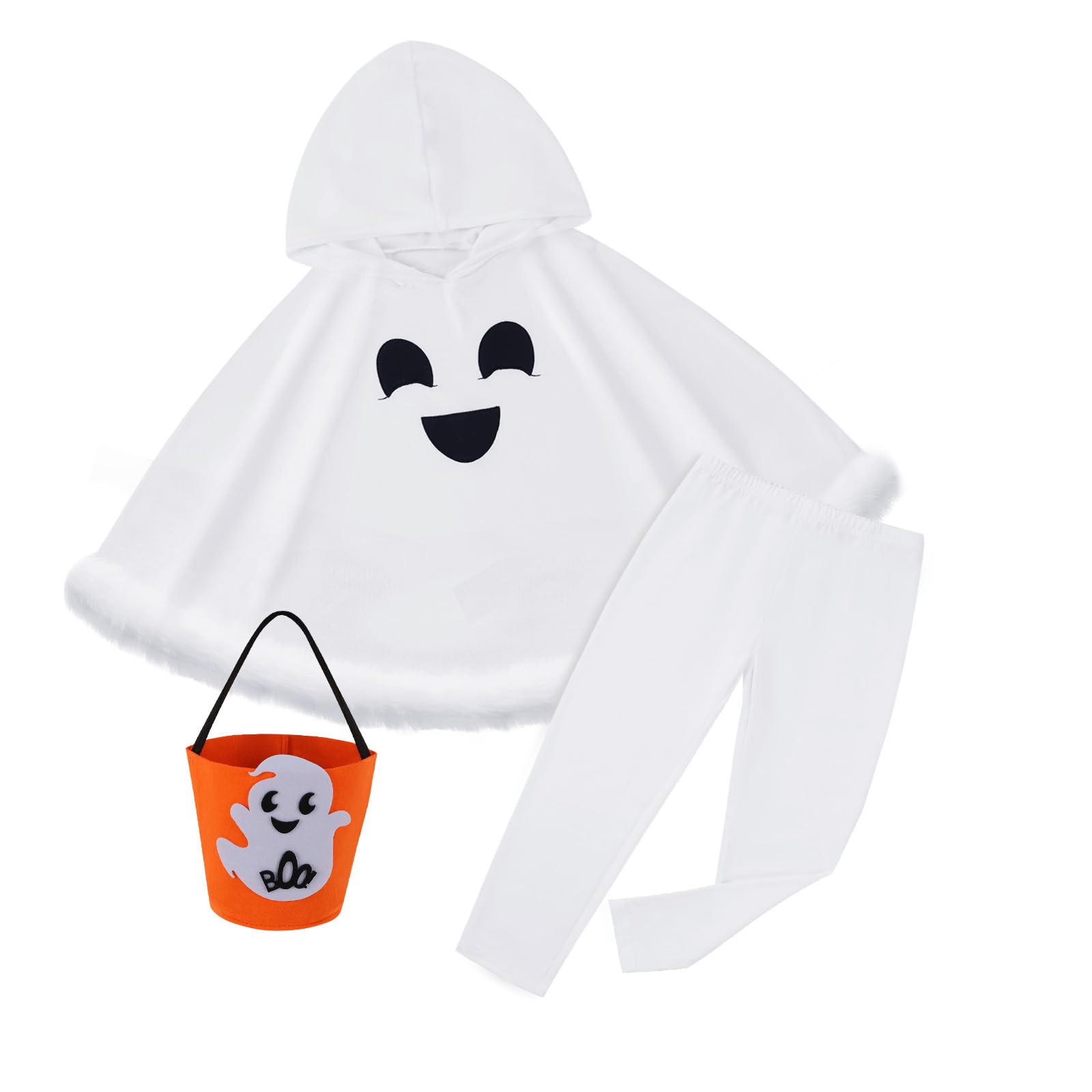 Toddler Baby Boys Girls Ghost Costume Kids Halloween Ghost Face Hooded Cloak Costume Party Boo Ghost Outfit for ages 1-2 Years,White Cloak+Pants+Pumpkin Basket Set