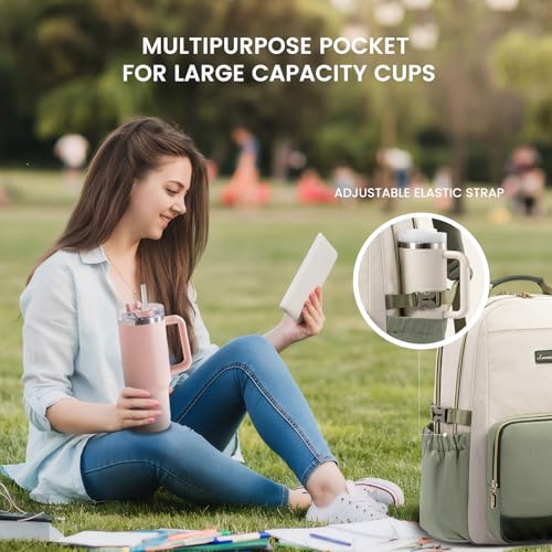 Image of LOVEVOOK Laptop Backpack for Women with Pouch Pocket for Large Capacity Cup,18 Inch Laptop Computer Bag Travel Backpack Purse,Waterproof Work College Teacher Bags,White-Bean Green-Dark Olive Green