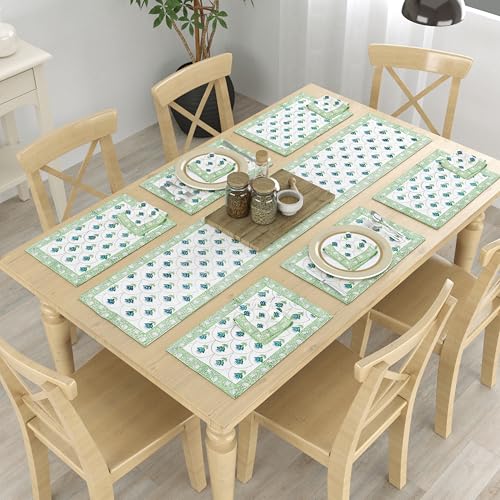 Image of BLOCKS OF INDIA Hand Block Printed Cotton Table Runner, Mat and Napkin Set of 13 pc for Center /Dining Table (Green Blue Buti)