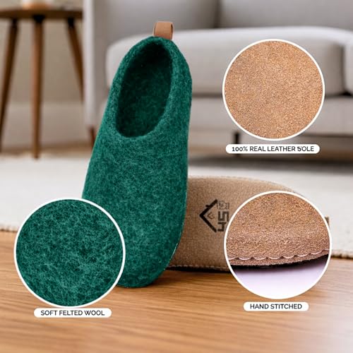 Image of Wool Indoor Slippers - Natural Organic Wool, Genuine Leather Sole, Handmade in Nepal - Cozy, Warm, Soft, Unisex Non-Slip House Shoes for Men & Women - Perfect for Winter Comfort