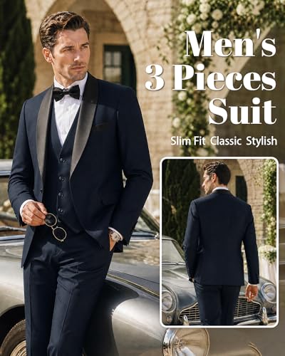 Image of MY'S Mens 3 Piece Tuxedo Set with Bow Tie, Shawl Lapel One Button Jacket Vest & Pants, Slim Fit Suit Prom Party Wedding Tux