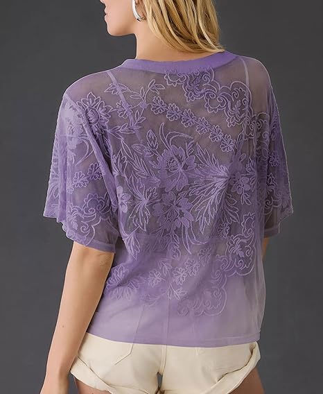 Women's Sexy Lace Mesh Tops Short Sleeve Round Neck Floral Embroidered Sheer Blouse See Through Layering Shirt Tops - Image 2