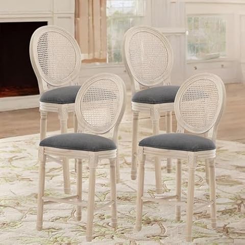Lierpit 26” French Country Bar Stools Set of 4,Upholstered Solid Wood Rattan Back Counter Stools,Farmhouse Wooden Dining Chairs for Kitchen,Living Room,Bedroom,Dark Gray Cover