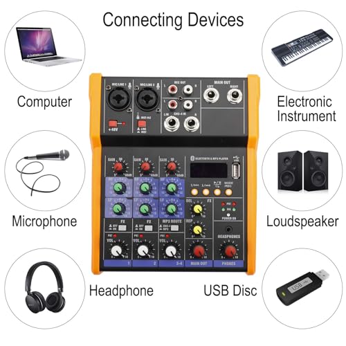 Patioer 4 Channel Audio Mixer Sound Board Bluetooth Studio Karaoke for PC Live Performance KTV Home, Stage Music Effects Sound Card Protable Mixing Console - Thumbnail 4