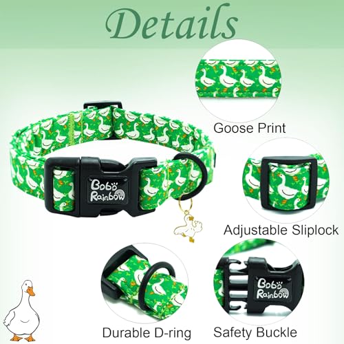 Image of Spring Summer Green Goose Print Dog Collar for Medium Dogs | Daily Walking,Farm Trips,Garden Picnic,Adjustable,Soft Cotton Fabric,Quick Release Plastic Buckle,Pendant,Female /Male Dog