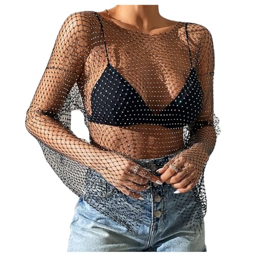 Hrlace strass mesh långärmad topp damer sexig transparent topp strass glänsande bikini crop-top fisknät strass skydd up urholkning glitter toppar paljetter nättopp, svart, L