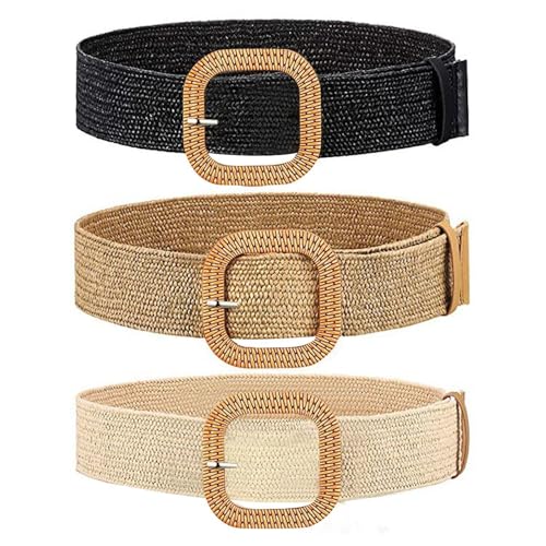 Cinturón Ancho De Paja De 3 Piezas, Cinturón Trenzado Con Hebilla Cuadrada De Algodón Y Lino, Cinturón Elástico Trenzado Para Mujer, Adecuado Para Vestidos, Faldas De Playa De Verano.