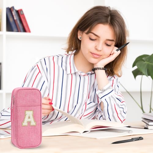 Image of Pencil Bag, Pencil Case for Girls Women, Preppy Pencil Case, Large Initial Pencil Pouch with Zipper, Back to School Supplies, Aesthetic Pen Case Box for Kids Teen Girls - R(Pink)