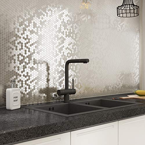 Speedtiles Hexagonia S2 Modern Metal Tiles - 3X Faster Installation With No Mortar, No Grout - Peel & Stick Tiles For Kitchen Backsplash, Fireplace, Interior Wall - Stainless Steel - Sample #TOP5
