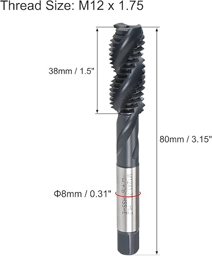 Vista 2 de uxcell M12 x 1,75 espiral flauta roscada, máquina métrica roscado HSS nitruración revestido, vástago redondo con extremo cuadrado, tolerancia H2