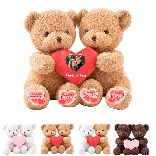 MeterBear Osito De Peluche Personalizado con Corazón Que Se Abrazan Texto Y Foto 2 Piezas, Hugging Teddy Bear Regalo Personalizado para San Valentín para Él Ella para Navidad Y Cumpleaños, 25cm