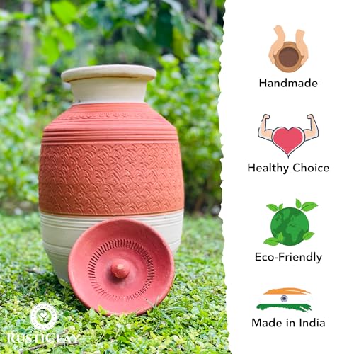 Image of 6L Earthen Clay Water Pot with Lid & Stainless Steel Tap | Dual Color | Natural Alkaline Water Dispenser | Handmade Mud Water Pot | Eco-Friendly & Traditional