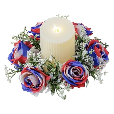 4th of July Candle Rings Red White and Blue Mini Wreath Independence Day Artificial Flowers Patriotic Table Centerpieces 10" for Home Garland Tabletop Farmhouse Party Decor Cover