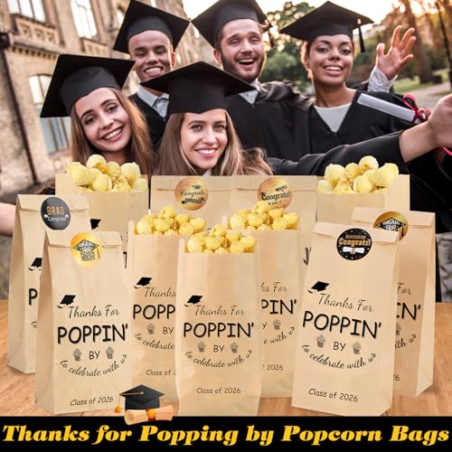 Image of AmazingSpark 100 Pcs Class of 2026 Graduation Popcorn Bags with Stickers Thanks for Popping by Popcorn Bags to Celebrate Smile Style Grease Resistant Paper Individual Servings for Party Favors (Brown)