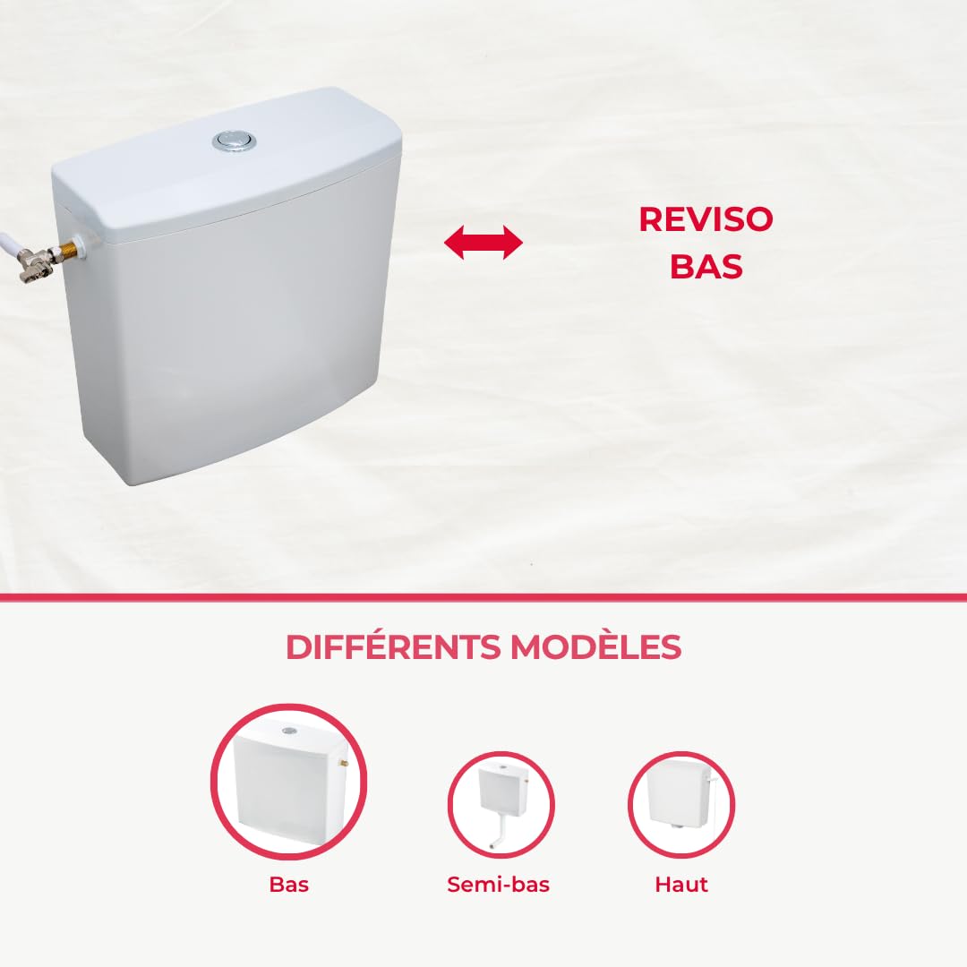 Wirquin 50717359 Réservoir d'eau pour wc Reviso bas en plastique avec kit de chasse d'eau complet économie d'eau, blanc | Plastique, Blanc, Kit complet, Chasse d'eau double chasse