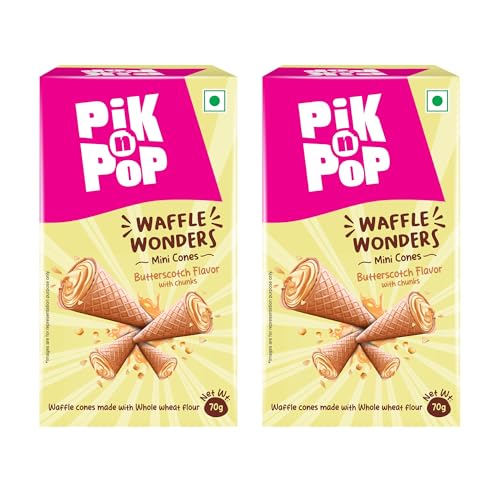 Image of Pik n Pop Butterscotch Mini Waffle Cones 70g (Pack of 2), Crispy Cones with Creamy Butterscotch Filling & Chunks, Whole Wheat, Non-Meltable Ready-to-Eat Snack, 100% Eggless