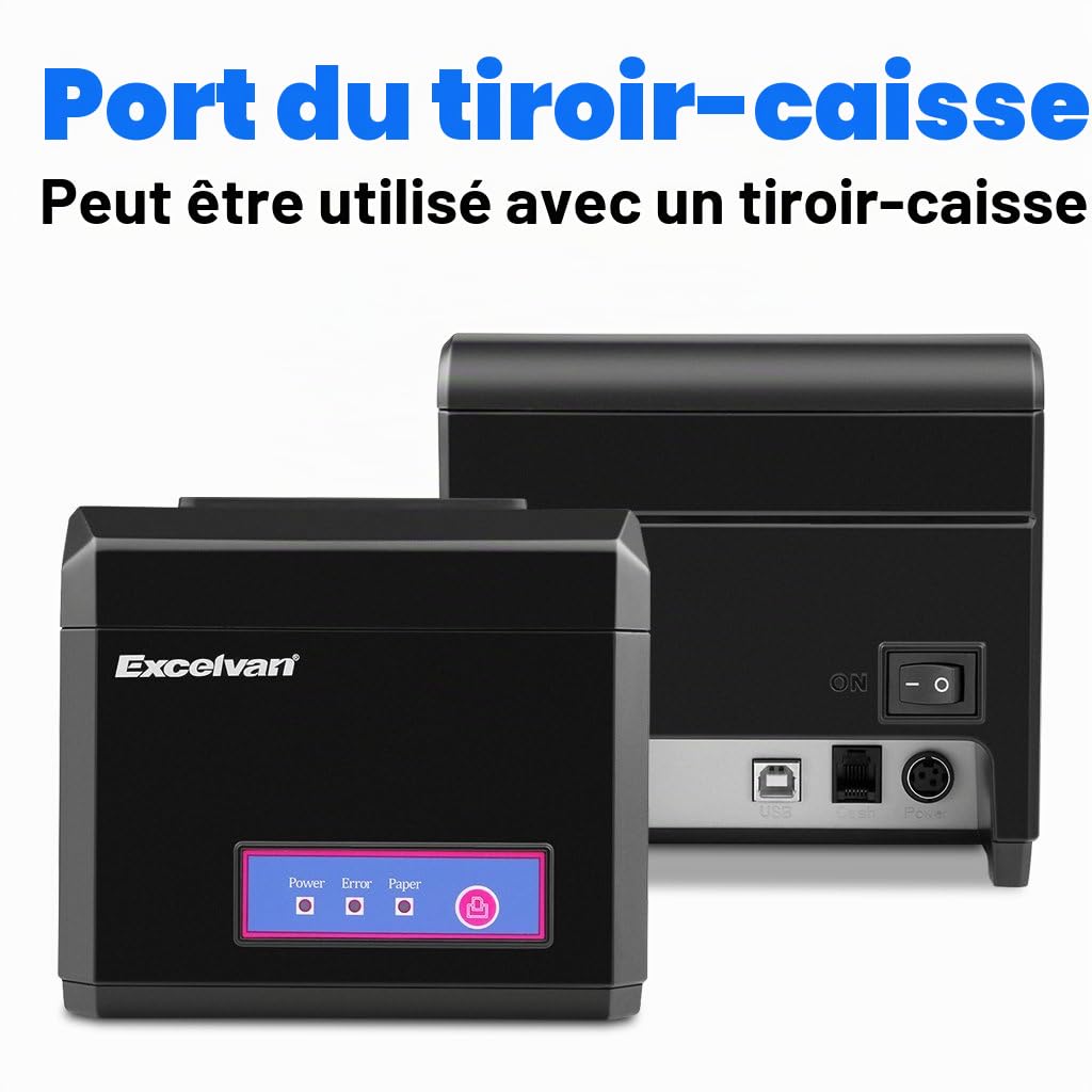 Excelvan Imprimante thermique de ticket de caisse de 80 mm de large Bluetooth Coupe automatique - ESC / POS / pour Android / iOS / Linux / Win 2000 / Win 2003 / Win XP / Win 7 / Win 8 / Win 8.1 / Win10 - Noir