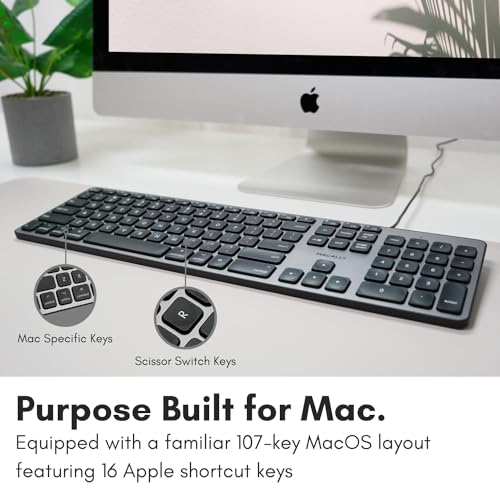Image of Macally Backlit Mac Keyboard - Quiet, Sleek, and Functional - 3 Brightness Levels, 107 Keys, 5ft USB Wired - Apple Keyboard - Backlit Wired for Mac, iMac, MacBook Pro /Air - Space Gray