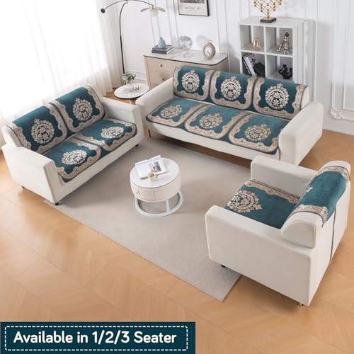 Image of HOKIPO Shahi Teal Premium Chenille Jacquard Sofa Cover for 3 Seater for Seat & Back, 'Royal Aangan Series' (IN-1008-L2*2)