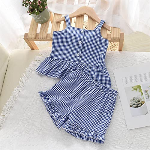 Camiseta infantil infantil com babados, sem mangas, com alças xadrez, botão, shorts com laço, 2 peça