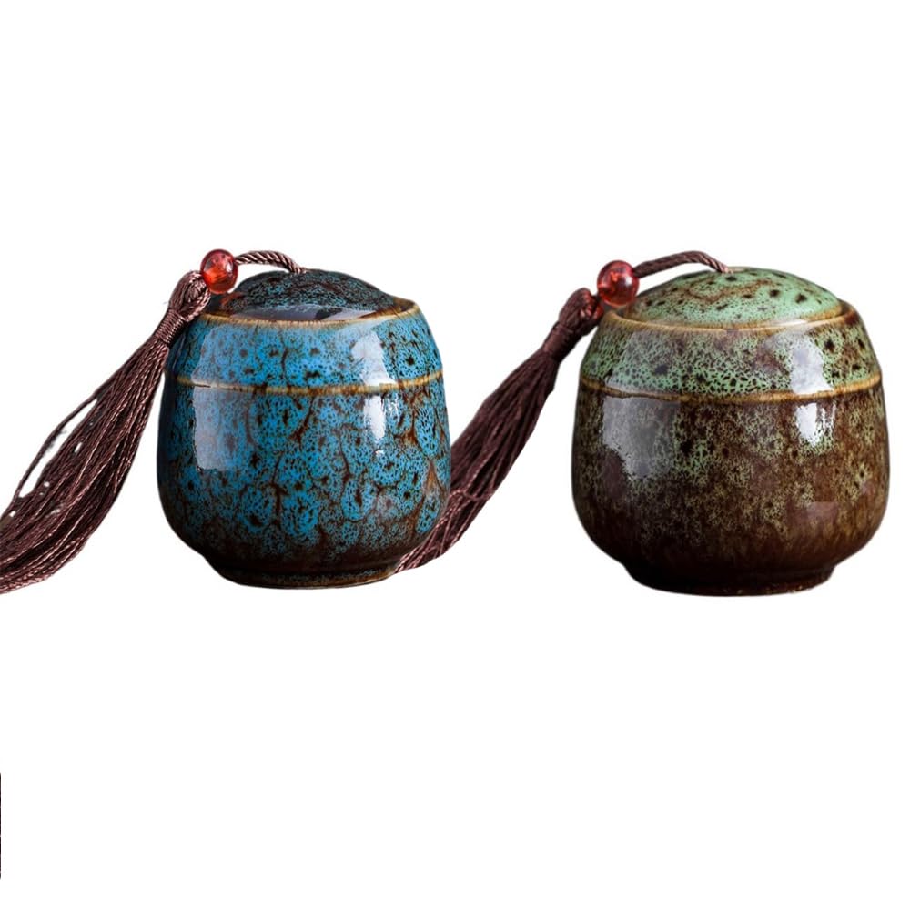 Zaoalife 2PCs Mini Vintage Ceramic Tea Leaves Storage Containers - Loose Tea Canister with Sealing Lid for Serving Coffee, Herbs