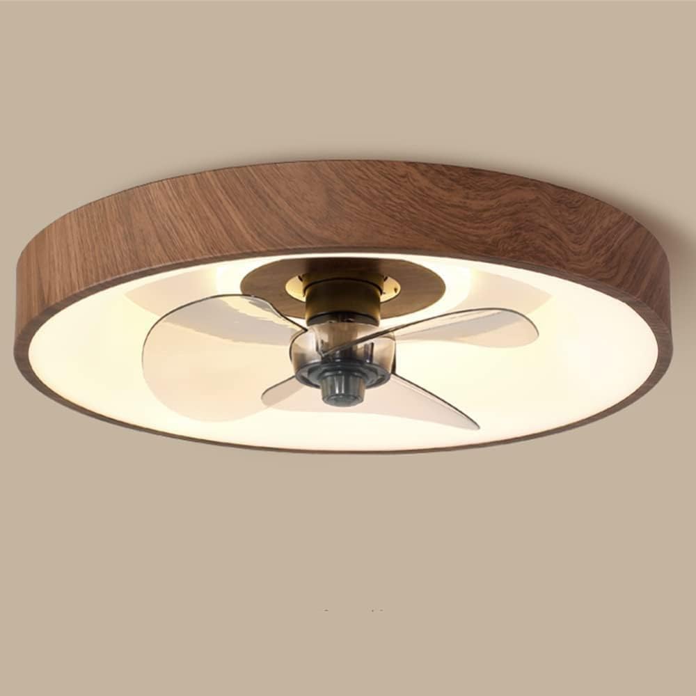 Retro Wood Grain Indoor Flush Mount Ceiling Fan Light 18.1 Inches Pure Copper Motor Invisible Fan Light LED 31W Dimmable Modern Low Profile Ceiling Fan Lamp for Bedroom Living Room