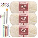 LUNARM Chenille Yarn for Crocheting Knitting, 3 Pack of 100g/3.5oz Velvet Yarn Thick Soft Chunky Fluffy Weaving Plush for Blankets Clothes Pattern Creations 263 Yard with Big Eye Needles (Beige)