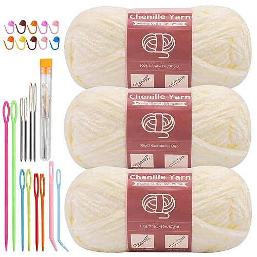 LUNARM Chenille Yarn for Crocheting Knitting, 3 Pack of 100g/3.5oz Velvet Yarn Thick Soft Chunky Fluffy Weaving Plush for Blankets Clothes Pattern Creations 263 Yard with Big Eye Needles (Beige)