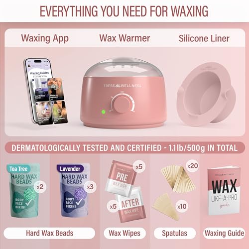 Image of Tress Wellness Waxing Kit for Sensitive Skin - Safe for Face & Skin, Easy to Use - At-Home Kit for Face, Bikini, Brazilian & Full Body - Pink, No Display