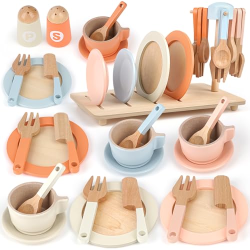 Dreamon Cocinita de Madera Infantil Juguetes de Cocina para Niños, 27 Piezas Cocina Juguete Ollas y Sartenes, Juguetes Montessori 2 3 4 Año (Rosa)