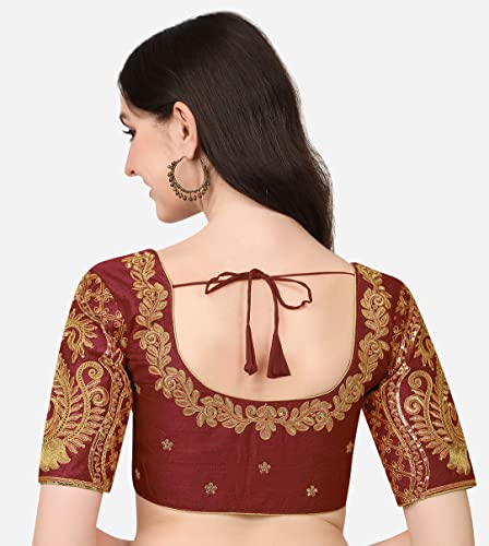 Image of Pujia Mills Women's Phantom Silk Embroidery Handwork & Sequin Work Peacock Design Half Sleeve Readymade Blouse (Mor Blouse Gold 38 Size+Margin)