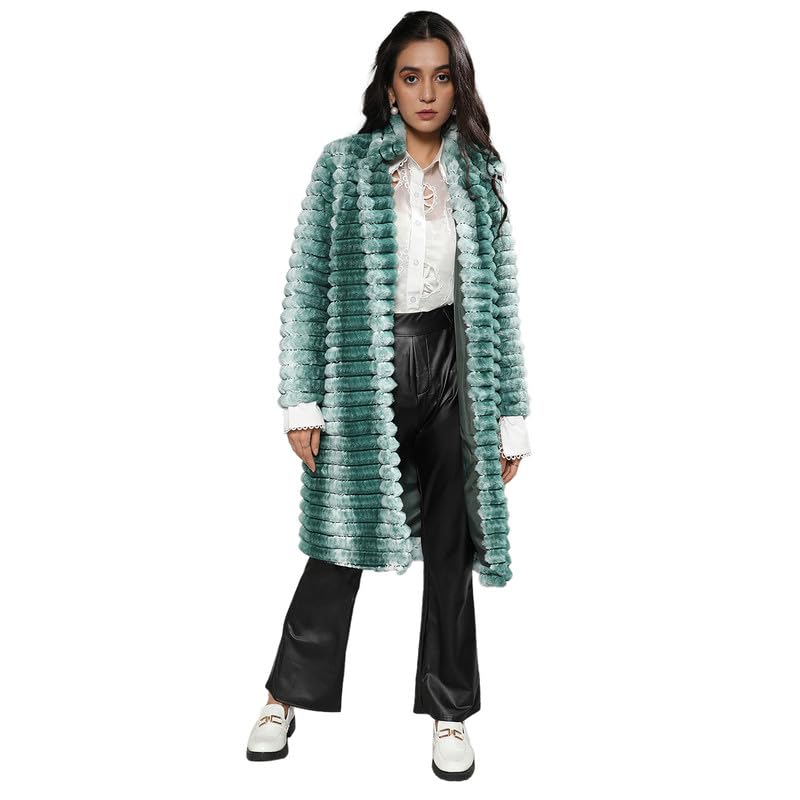 pinacolada Campus Sutra Women's Ivory White & Forest Green Ombre Ripple Long Coat for Casual Wear | Point Collar | Long Sleeve | Pull On Closure | Long Coat Crafted with Comfort Fit for Everyday Wear-picture-12