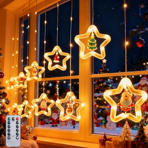 Lichtervorhang Weihnachten, 100 LED Sterne Lichterkette, 8 Modi...