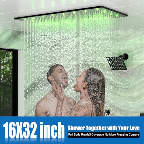 Sistema termostático de ducha doble Enga, cabezal de lluvia LED de 15.7 x 31.5 pulgadas para techo con cabezal de pared de 6 pulgadas y 6 jets corporales con interruptor, grifería multifunción de ducha, acabado negro mate miniatura 4