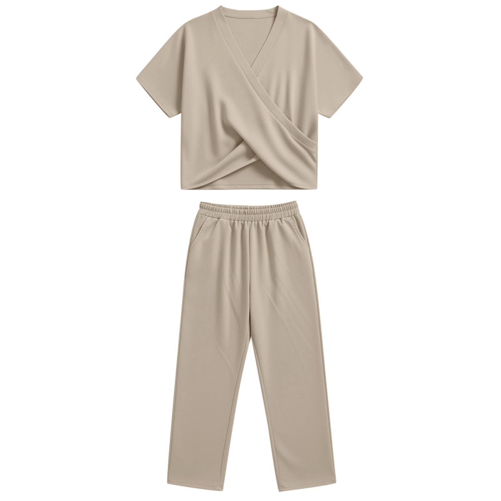 Generisch Zweiteiler Damen Sommer, 2 Teiler Kurzarm Oberteil V-Ausschnitt mit Hose Weites Bein Set Freizeit Hosenanzug Einfarbig Anzug Freizeitanzug Elegant Große Größen S-4XL