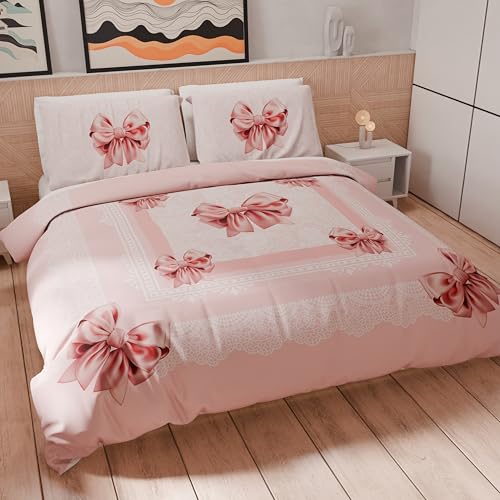 PETTI Artigiani Italiani - Set Copripiumino Matrimoniale 250x200 cm (2 Federe 50x80 cm Incluse), Parure Copripiumino Morbida Microfibra con Stampa Digitale - Made in Italy - Fiocco Rosa