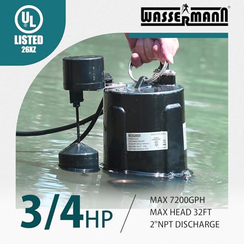 Image of WASSERMANN 3 /4 HP Sewage Pump 2 inch Discharge with Auto Float Switch, 115V 7200 GPH Cast Iron Submersible Sewage Pump, Sump Pump for Basement Sump Basin Sewer Well 2 inch NPT Discharge with 10 FT Cable