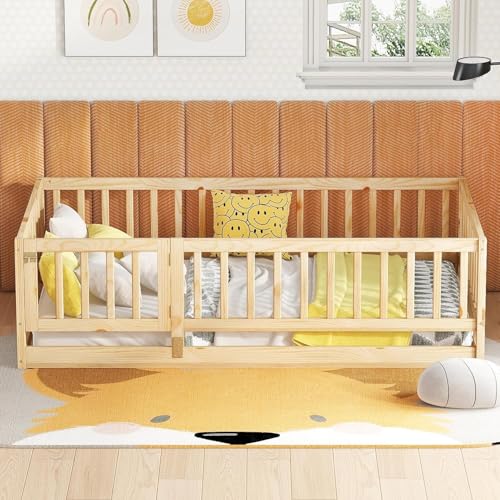 Image of Bellemave Twin Size Kids Montessori Floor Bed with Door,Solid Wood Floor Bed Frame with Slats and High Fence for Kids,Girls,Boys,Natural