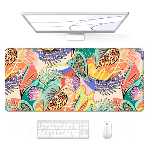Image of Auhoahsil Desk Mouse Pad, Large Gaming Mousepad, XXL Desk Pad, Extended Long Superior Micro-Weave Cloth Non-Slip Rubber Big Computer Mouse Mat for Gamer, Office & Home, 35 inch x 15 inch, Tropical Leaves
